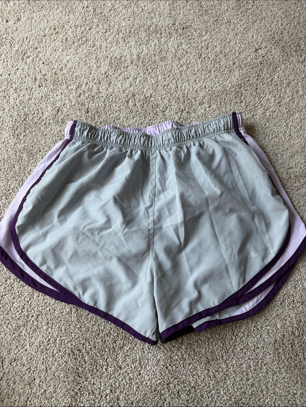 Nike Women's Light Gray Athletic Shorts with Purple Trim